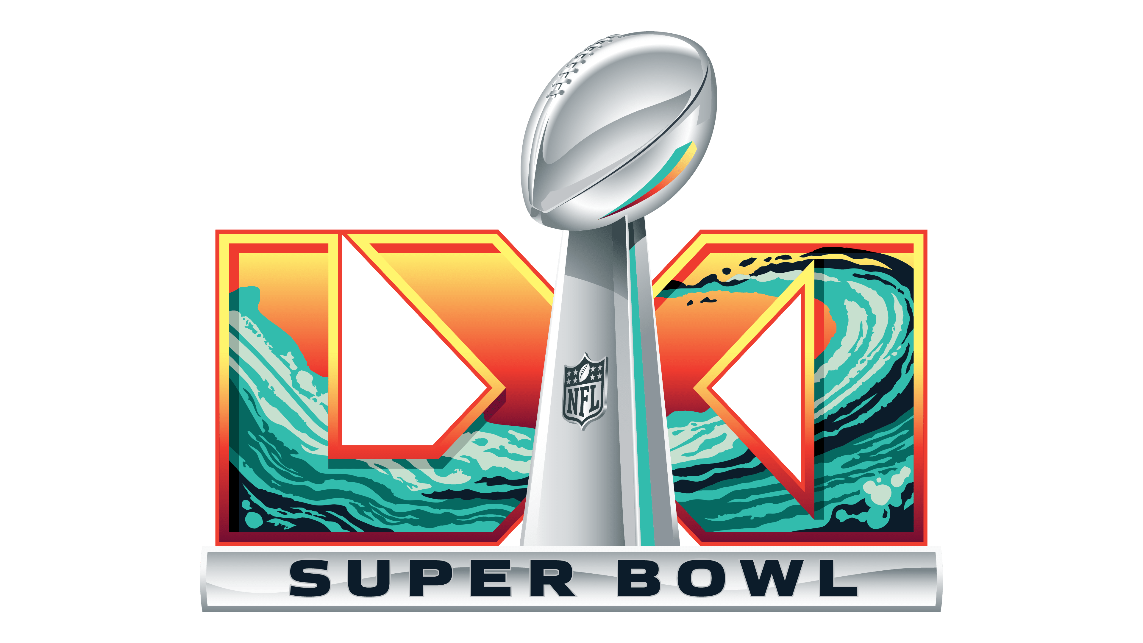 Super Bowl LXI official logo, with Southern California waves and the Lombardi trophy