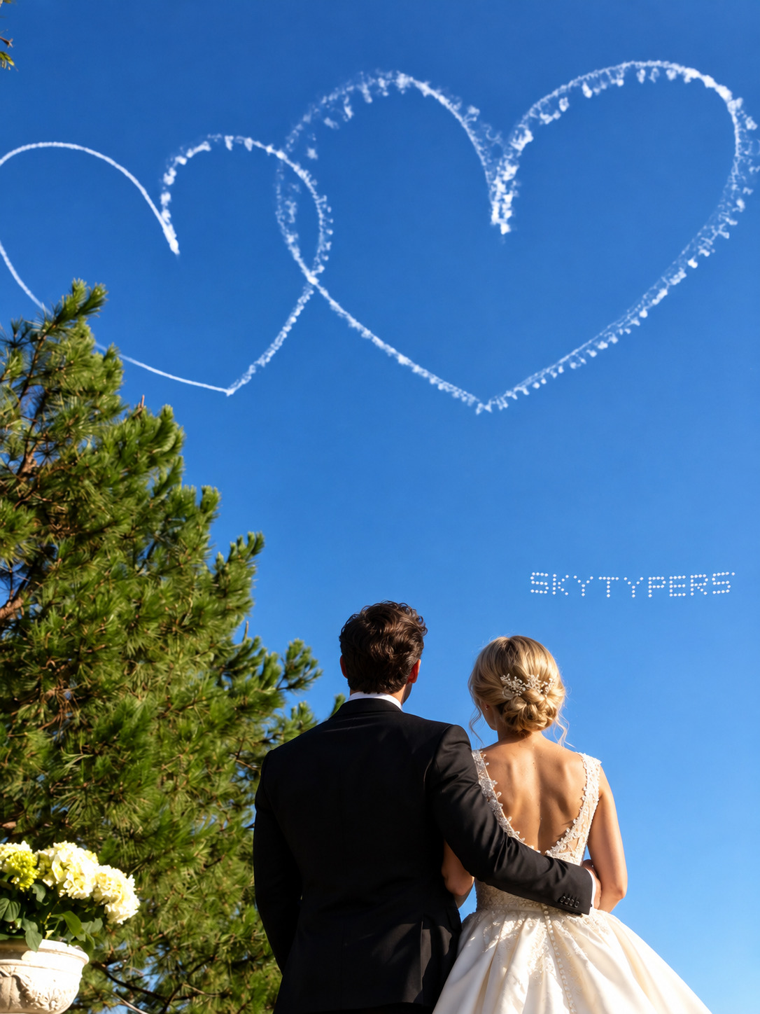 A couple in wedding attire watches two white smoke hearts above the trees.