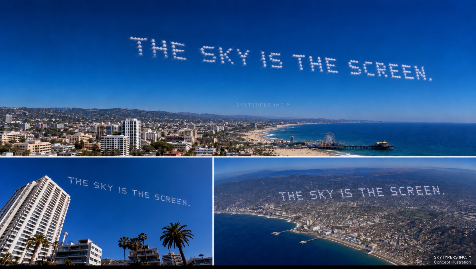 Skytypers concept showing The sky is the screen in smoke-puff lettering above Santa Monica from coastal, street-level and aerial perspectives.