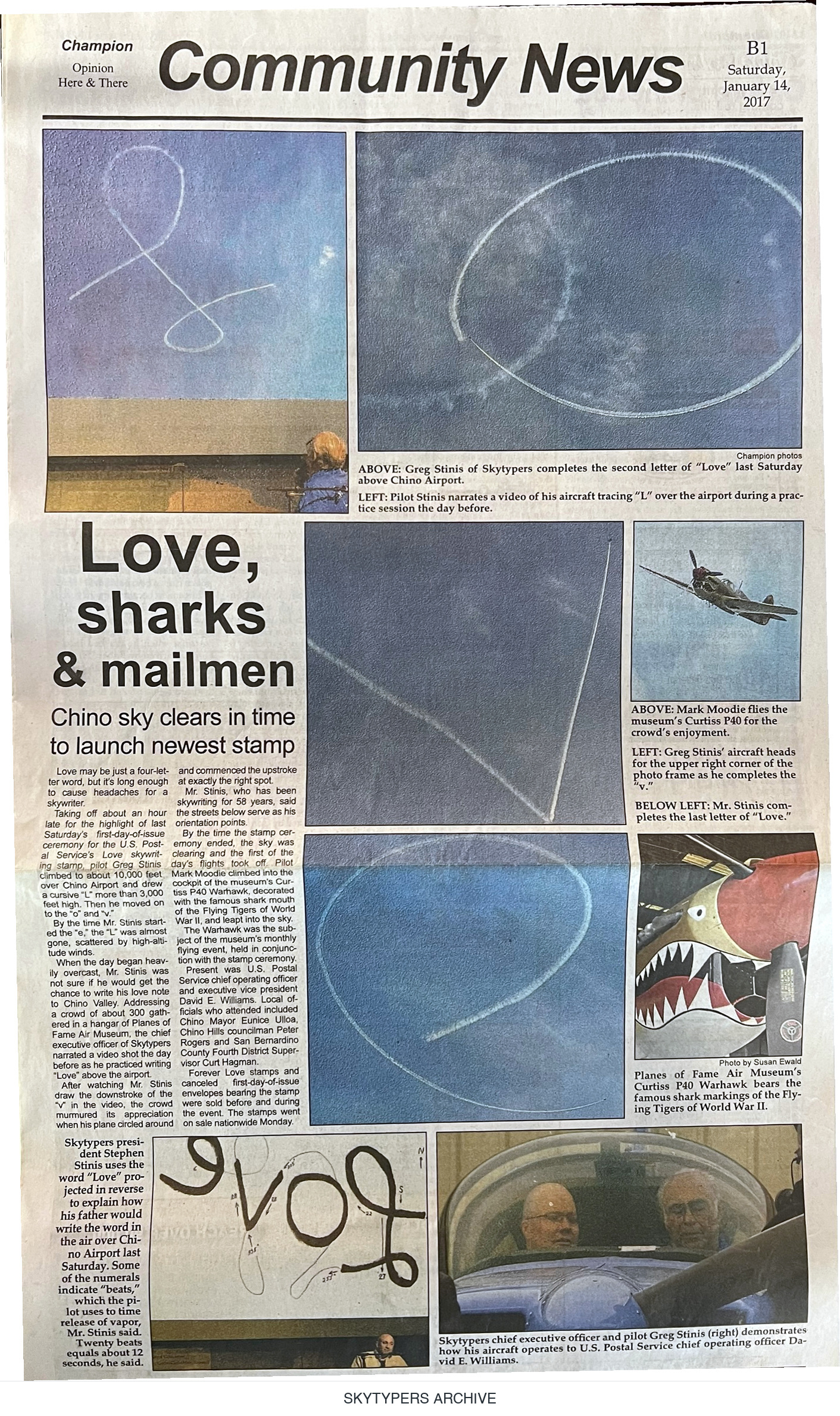 Champion Community News page B1 from January 14, 2017, featuring photographs and reporting on the Love Skywriting stamp dedication.