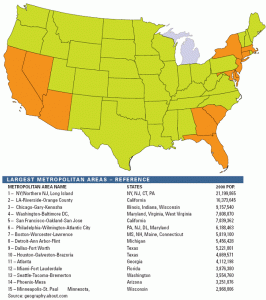 Map of the U.S. highlights largest metropolitan areas in green and orange, with a labeled list of these cities and their populations.