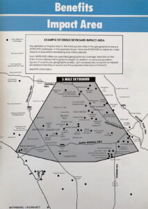 Map showing the 5-mile impact area of a skyboard, highlighting highways, cities, and geographical coverage in gray.