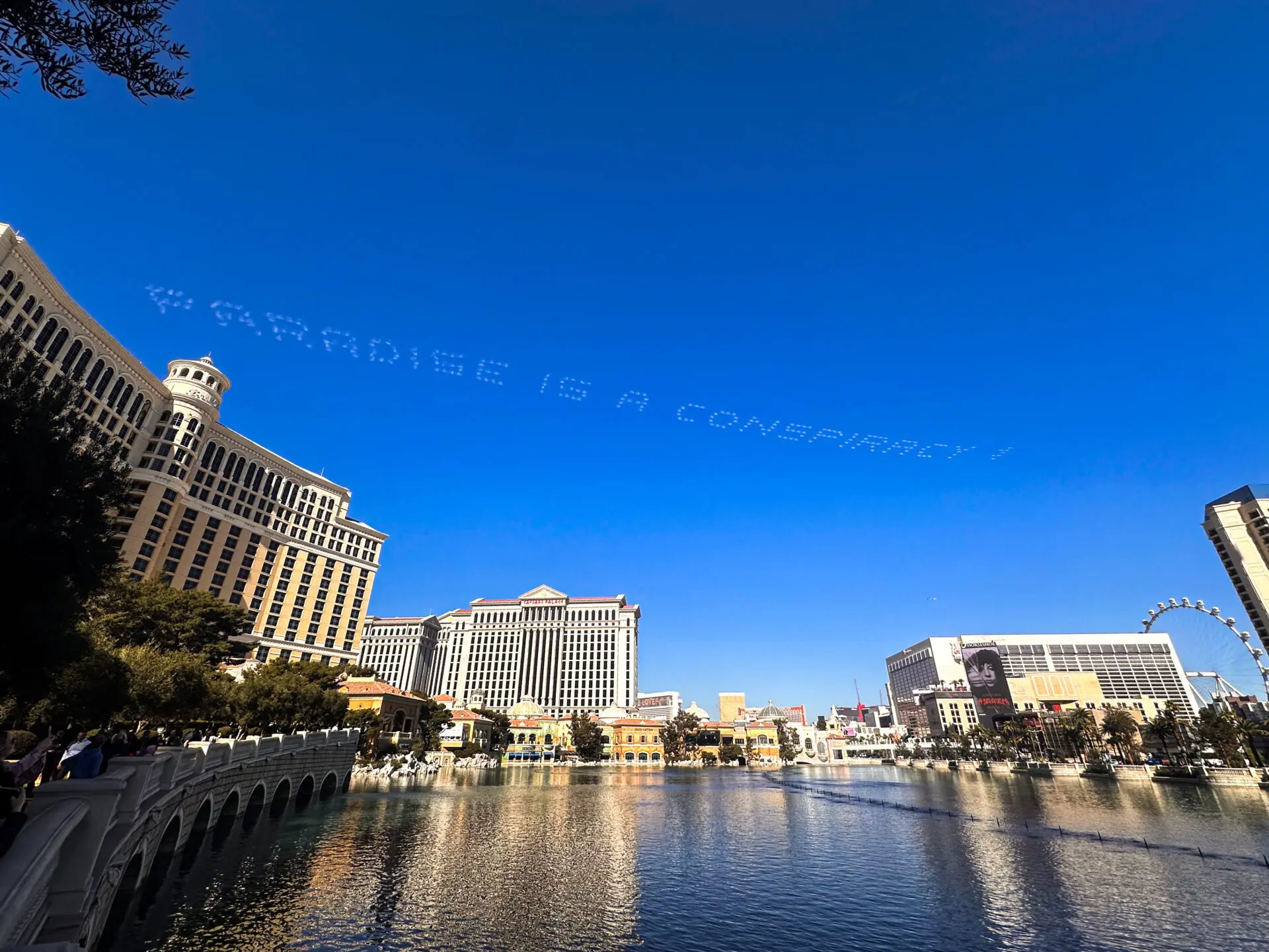 Skytyping above the Las Vegas Strip and Bellagio fountains
