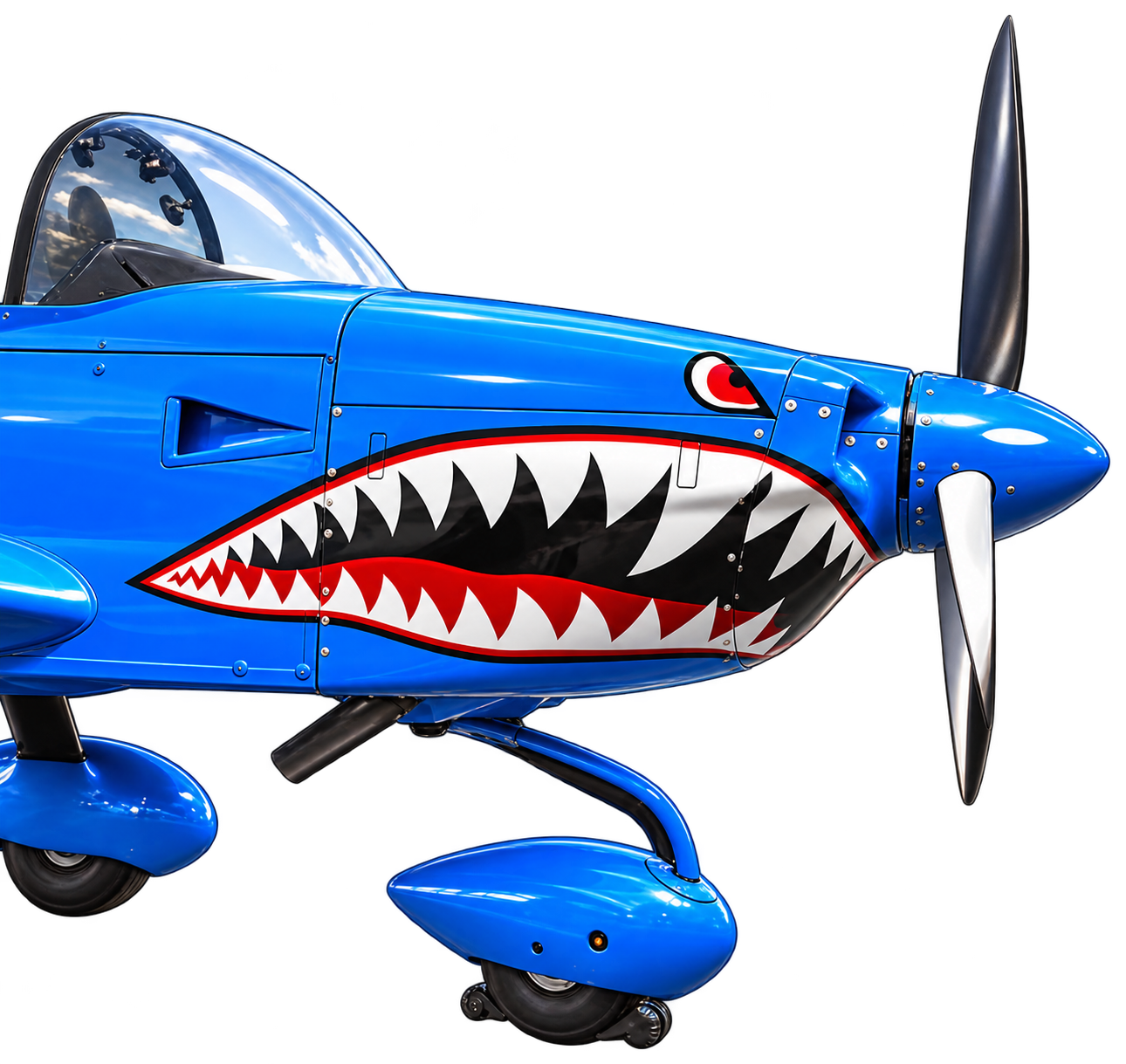Blue Skytypers aircraft with shark-mouth artwork