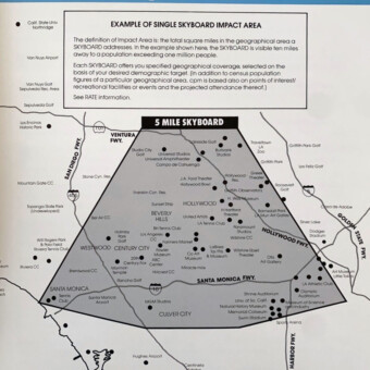 Map showing the 5-mile impact area of a skyboard, highlighting highways, cities, and geographical coverage in gray.