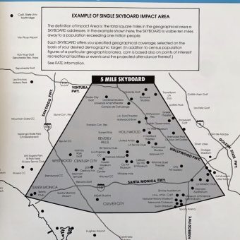 Map showing the 5-mile impact area of a skyboard, highlighting highways, cities, and geographical coverage in gray.